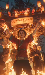 a woman standing next to a burning building