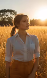 a woman standing in a field with her head down