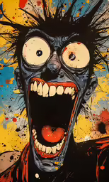 a man that has his mouth open and eyes painted red