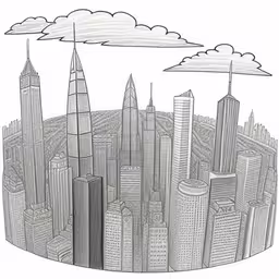a drawing of a city that has tall buildings,a drawing with buildings in the middle and clouds in the sky