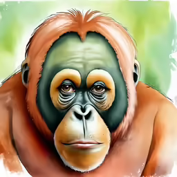 the gorilla animal has big, orange and green eyes