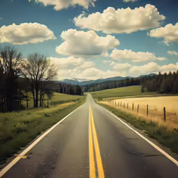a road stretches down the center of a field