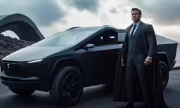 the man is standing beside a suv and a bridge