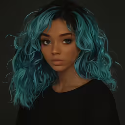a black shirt with teal green curly hair