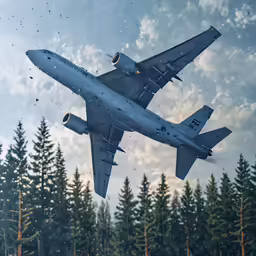 a airplane flying over a forest with birds perched on the tail