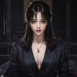 an asian girl with big breast is sitting in a chair