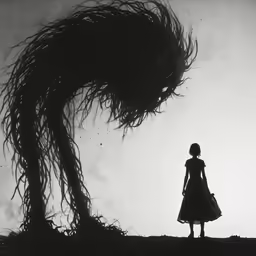 a silhouette of a woman looking at an insect