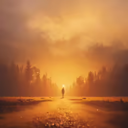 there is a person walking across the road at sunset