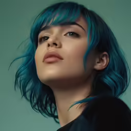 a woman with a blue wig is looking up