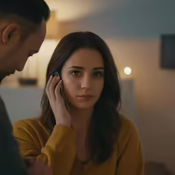 a woman is talking on her phone while a man talks to her