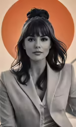 a woman sitting in a chair with a big orange dot above her head