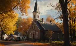 a church with a steeple in the fall
