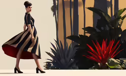 a woman in striped dress with short hair walking past a plant