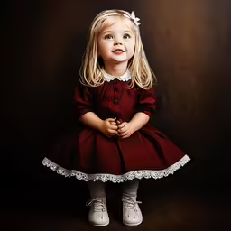 the girl is wearing a red dress and standing next to her