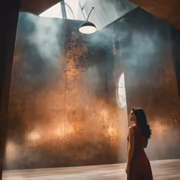 a woman in a dress standing in a dimly lit room