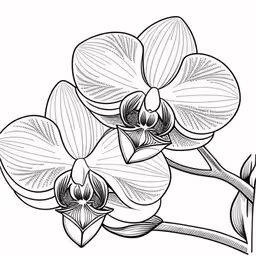 an orchid plant, the flower is drawn in ink and has been placed on a sheet,two flowers drawn in ink with the color of the page,two flowers that are sitting on top of a plant,an orchid flower with big, long petals,a black and white drawing of three flowers