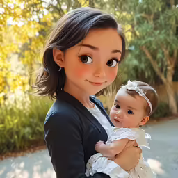 a young lady holding a baby girl on a walk way