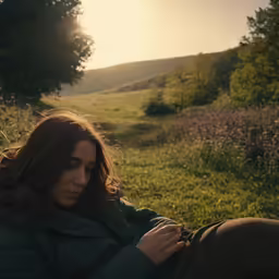 the woman is sitting on the grass while holding her phone
