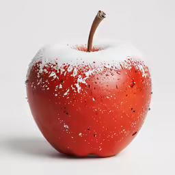 an apple that has just been bitten off is covered in snow