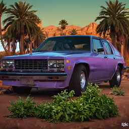 the purple car is parked by trees and a desert,a purple car is parked in front of some trees