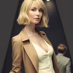 a blonde woman posing in a tan jacket and white blouse