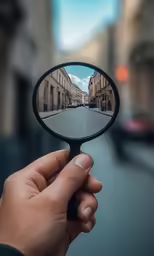 person holding up mirror showing a reflection of buildings and a street