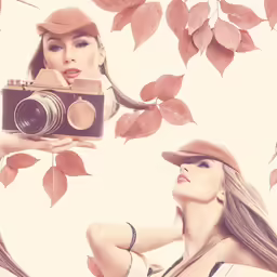 a woman is holding a camera in front of her