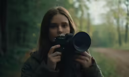 a young woman taking a photo with her camera in the woods