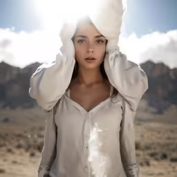 a woman with a hat on her head posing for the camera