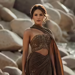 a beautiful woman wearing a dress next to rocks
