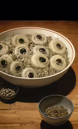a bowl filled with noodles covered in scary eyes