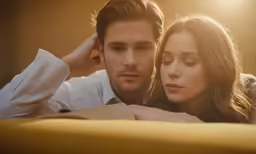 a man and woman looking down while laying in bed