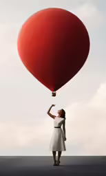 a woman is holding up a big red balloon