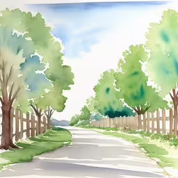 a painting depicting an empty road with trees