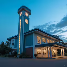 a building with lights under a clock tower at dusk