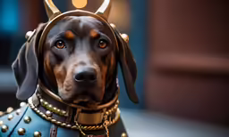 a dog wearing a head guard costume