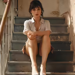 a woman in heels sitting on some stairs