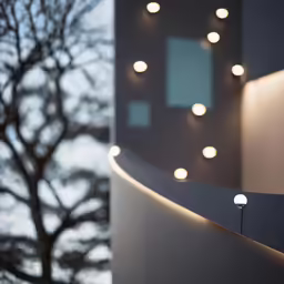some lights hanging over an illuminated object with trees in the background