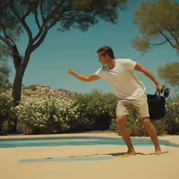 a person on a beach with trees and bushes