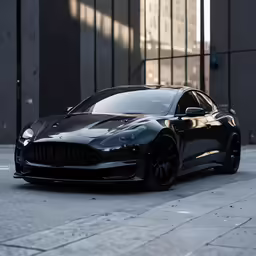the dark metallic vehicle is parked on the street