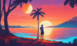 a painting of a man in shorts standing next to a palm tree and beach,a person standing in front of a sunset