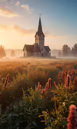 a large church in a field with bushes