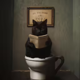 a cat sitting on top of a toilet reading a book