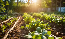several plants in rows and one green plant with leaves