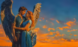 an angel and lady hugging near a colorful sunset