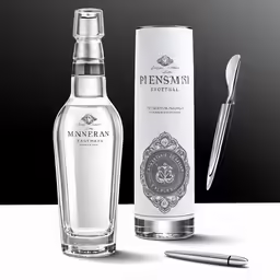 a bottle of ginsen white wine sitting next to a box and a pen