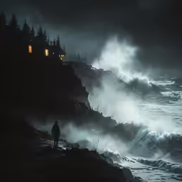 a man standing on the edge of a cliff watching waves