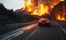 a car driving on road in front of a fire