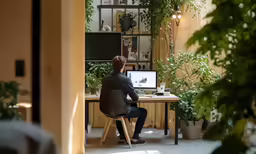 a man in a chair sits at a desk on a computer