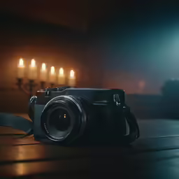 an old fashioned camera sits next to a hanukkah candle